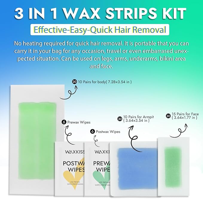 Waxkiss Wax Strips Kit for Women Men 70 Counts 3 Sizes & 12 Pcs Prewax and Afterwax Wipes Ready-to-use Waxing Strip Kit for Hair Removal Home Waxing Kit