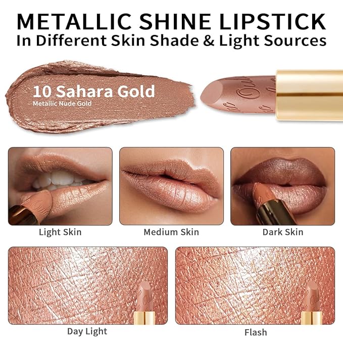 Oulac Metallic Lipstick for Women with Lightweight Hydrating Formula, Metallic Golden Nude Lip Stick, Vegan Beauty, Full Coverage Lip Makeup, Christmas Gifts for Women, Sahara Gold(10)