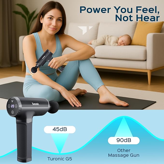 Turonic Professional Handheld Massage Gun - Deep Tissue Percussion Massager, 20 Speeds, 7 Heads, Quiet, Powerful, Portable, Cordless, Great for Athletes, Personal Use, Shoulder, Foot, Back Body, GM5