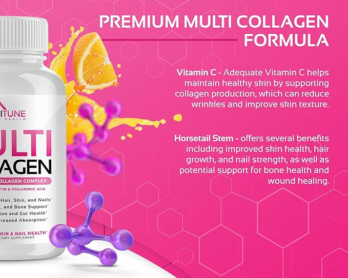 Multi Collagen for Women with Hyaluronic Acid, Vitamin C and Biotin, Collagen Protein Supplement with Types I, II, III, V, X Peptides for Healthy Hair, Skin, Nails and Joints, 120 Capsules