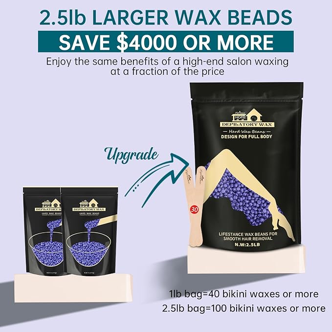 Lifestance 2.5lb Wax Beads Kit, Lavender Hard Wax Beans For Hair Removal Brazilian Bikini Leg Underarm, Waxing for Fine Coarse Hair Women Men Large Refill for Wax Warmers at Home
