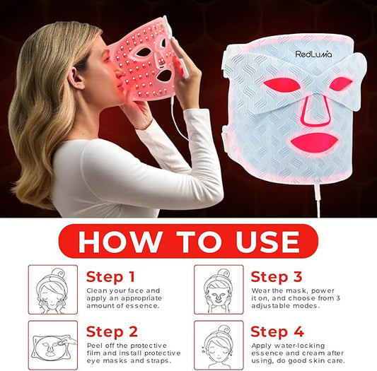 Red Light Therapy Mask for Face LED Face Mask Light Therapy with LEDs,4 Wavelengths (Red, Blue, Orange, Infrared), Rechargeable Remote, Anti-Aging Skin Care, Face Light Therapy Device