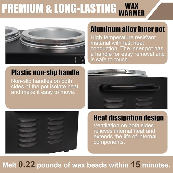 Wax Warmer Double Pot, Professional Electric Heater for Facial, Body, Spa, and Salon, 1.2L Dual Adjustable Temperature with 100 Wooden Craft Sticks, Hair Removal (Black)