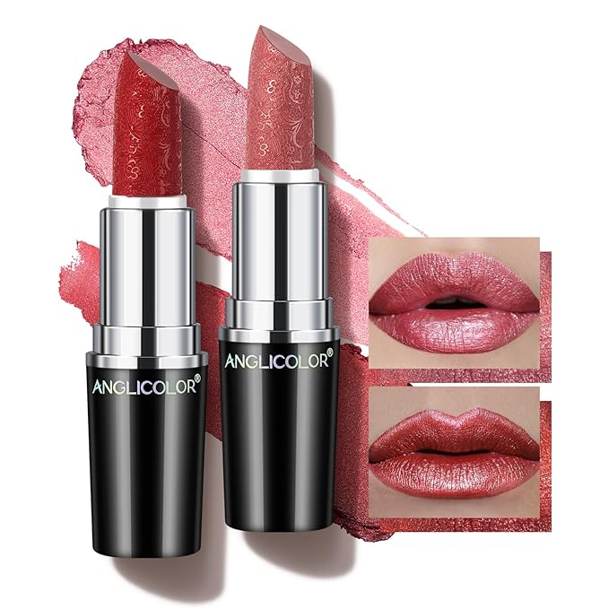 2pcs Metallic Glitter Pink and Red Lipstick High Impact Lipcolor,Moisturizing Creamy Formula,Lipstick For Women,Smooth and Non-Sticky,Full-Coverage Lip Color