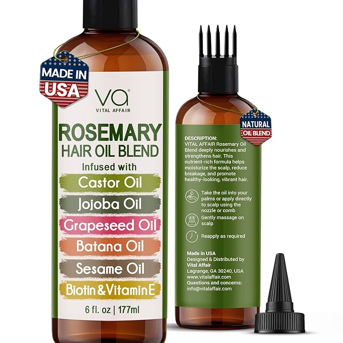 Blend Of Pure Rosemary Oil For Hair Growth With Castor, Batana, Jojoba Oil-Infused With Biotin & Vitamin E-Blend of Effective Hair Oils for Hair Growth-Strengthening Treatment 6 Fl Oz
