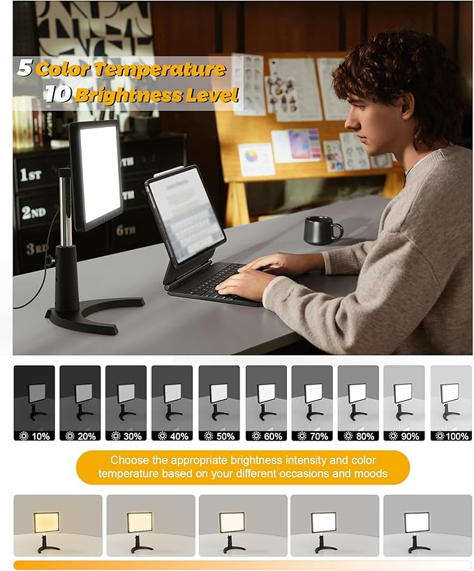 Light Therapy Lamp, 12000 Lux Full Spectum LED Sun Therapy Light with 5Modes, 3 in 1 Mount, Adjustable Brightness/Timer/Memory, Boost Mood, Focus and Sleep, Black