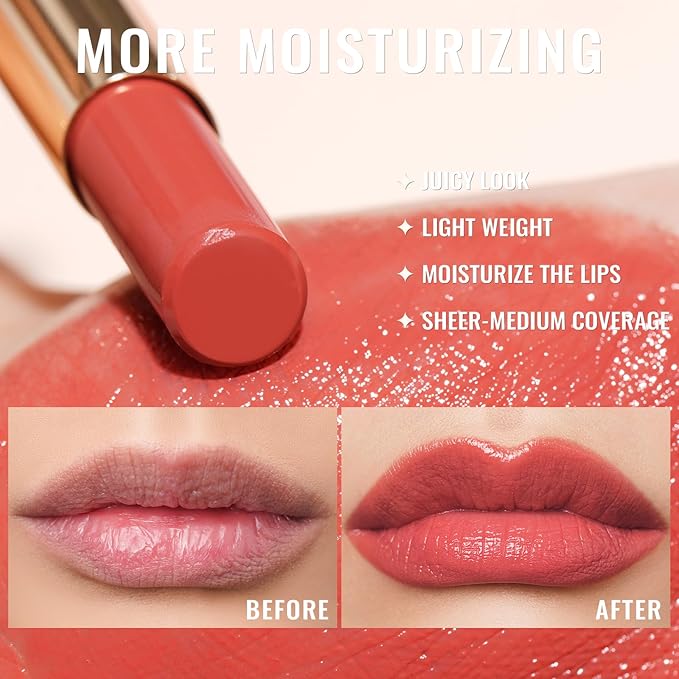 Oulac Moisturizing Red Lipstick for Women - Moisture Shine Hydrating Lipstick & Tinted Lip Balm for Dry Lips, Medium Coverage Lip Color | Juicy Look, Glossy Finish, Vegan, Cruelty-Free (16)