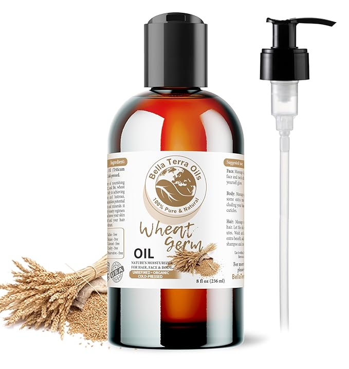 Bella Terra Oils - Organic Wheat Germ Oil 8 oz - Potent Vitamin E Oil for Skin, Celebrate Beauty with Essential Nutrients, The Pinnacle of Face Oils