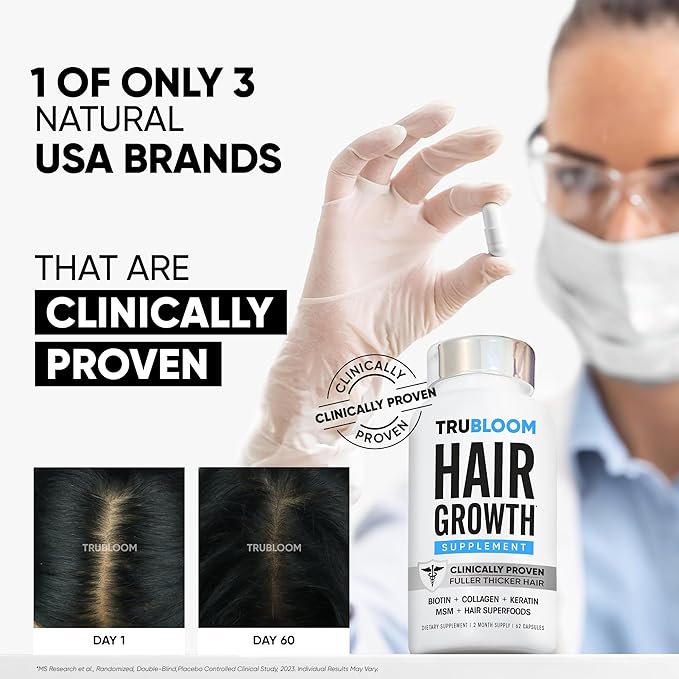 Tru Bloom Hair Growth Vitamins - 2 Month Supply. Clinically Proven to Grow Fuller, Thicker Hair. Drug-Free with Biotin, Collagen, Keratin, MSM, Zinc, D3 + Hair Superfoods