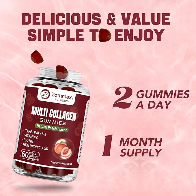 Zammex Multi Collagen Peptides Gummies (Type 1, 2, 3, 5 & 10), 30 Servings, Anti-Aging Collagen Gummy Supplements for Women&Men with Biotin Vitamin C, Hyaluronic Acid, Peach Flavor