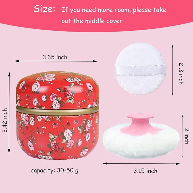 Body Powder Puff and Container for Dusting Powder, Women Powder Puff and Powder Case for Bath and Travel (Red Rose)