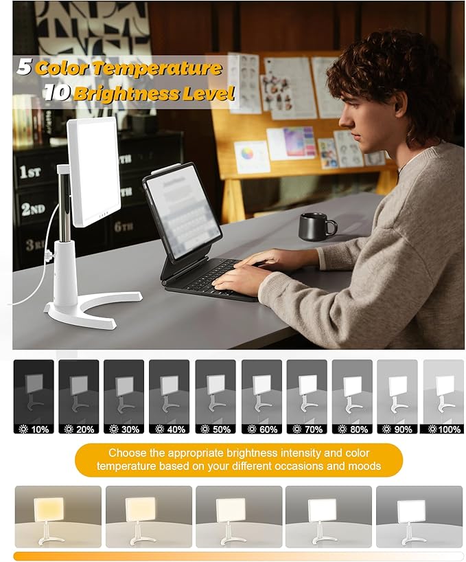 Light Therapy Lamp, 12000 Lux Full Spectum LED Sun Therapy Light with 3 in 1 Mount, Adjustable 10 Brightness/5 Color/Timer/Memory