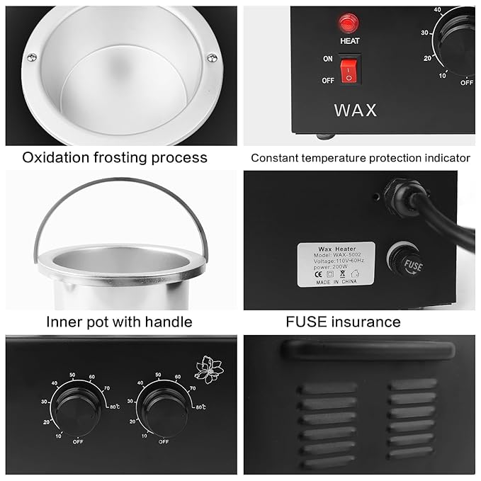 Portable Wax Warmer Machine for Painless Hair Removal, Women Men Professional Wax Heater with Adjustable Temperature Set, 40pcs Sticks, 2 Silicone Bowls (Black - Double Pots)