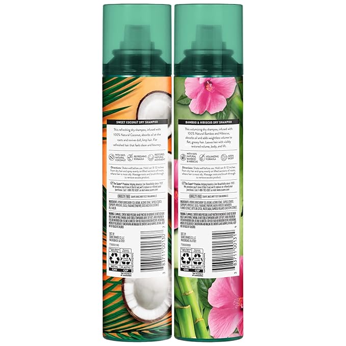 Suave Dry Shampoo Spray Variety 2-Pack – Volumizing Bamboo & Hibiscus, Refreshing Sweet Coconut, 4.3 Oz Ea