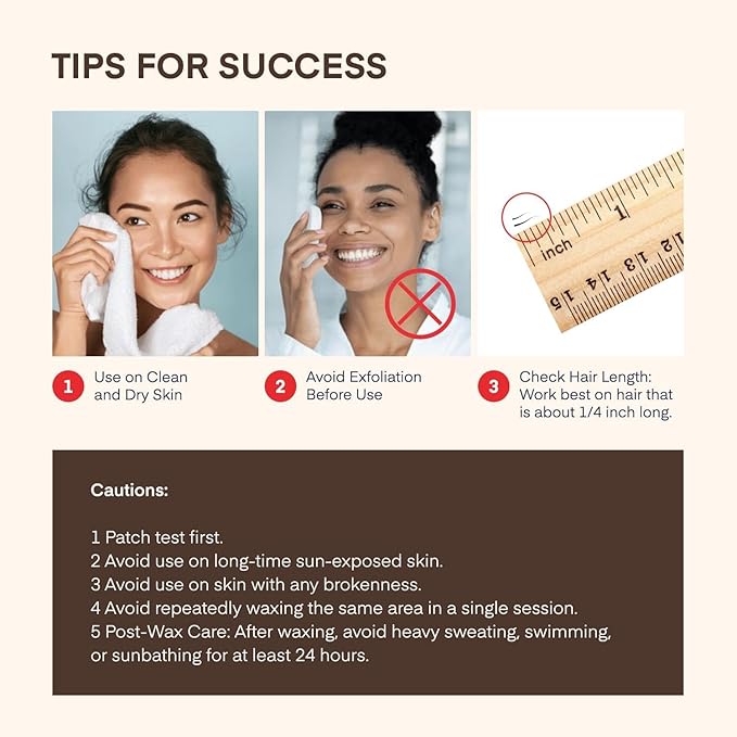 Facial Wax Strips for Hair Removal: Women Face Upper Lip Eyebrow Chin Waxing Hair Remover Kit - Natural & Vegan Ready to Use At Home & Travel - Sensitive Skin Friendly, 40 Ct with 6 Wipes