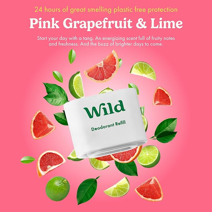 Wild - Refillable Deodorant Starter Kit with Aqua Case and Pink Grapefruit & Lime Scented Refill 1.4oz - Aluminum Free - Long Lasting Protection - Vegan