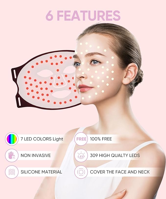 Red Light Photon Facial & Neck Mask with Remote Control, 7 Custom Modes with Infrared, Portable & Rechargeable with Timer for Home Use, 850nm Infrared & Red Light Masks, Black