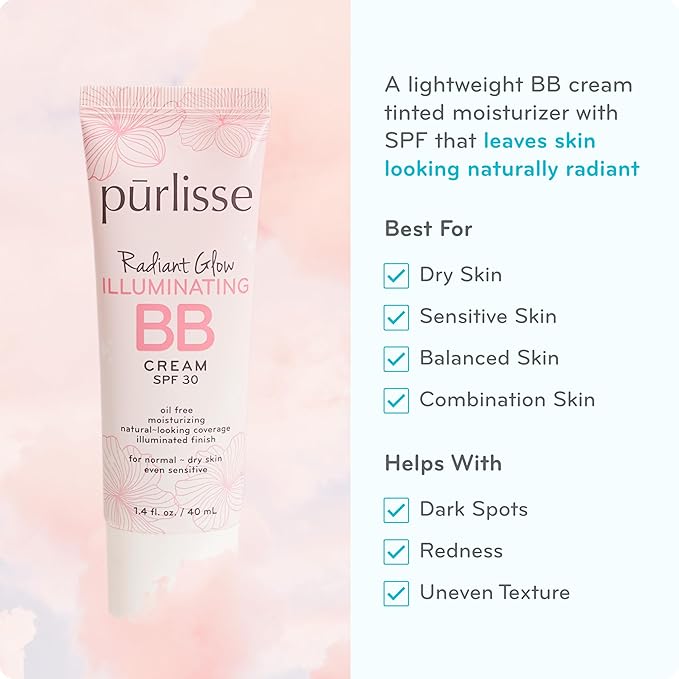 pūrlisse Radiant Glow Illuminating BB Cream with SPF 30 - Glow BB Cream Enriched with Goji & Hawthorn Berry for Dewy Skin - Helps to Improve Skin Texture & Radiance - Light Medium (1.4 oz)