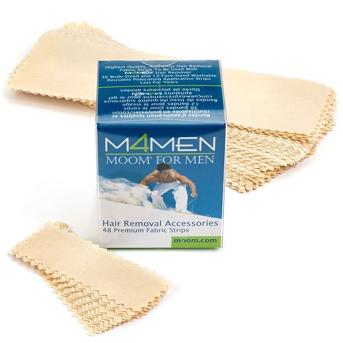 MOOM for Men Organic Hair Removal Kit, 12 oz Sugar Wax with 48 Reusable Fabric Strips, Natural Ingredients