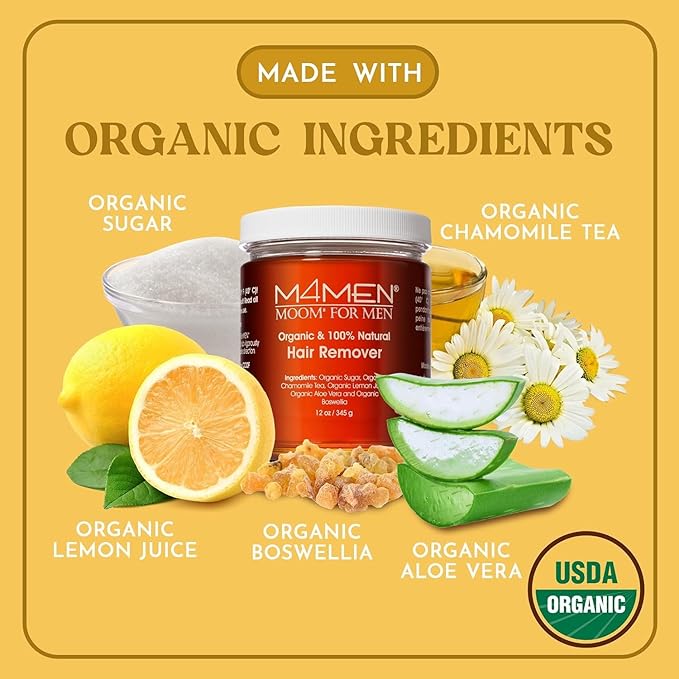 MOOM Organic Hair Removal Sugar Wax for Men with Aloe Vera & Chamomile – Soft Wax for Sensitive Skin & Men Hair - Perfect for Back, Chest, Eyebrow & Body - 12 oz Jar (Strips & Sticks NOT Included)