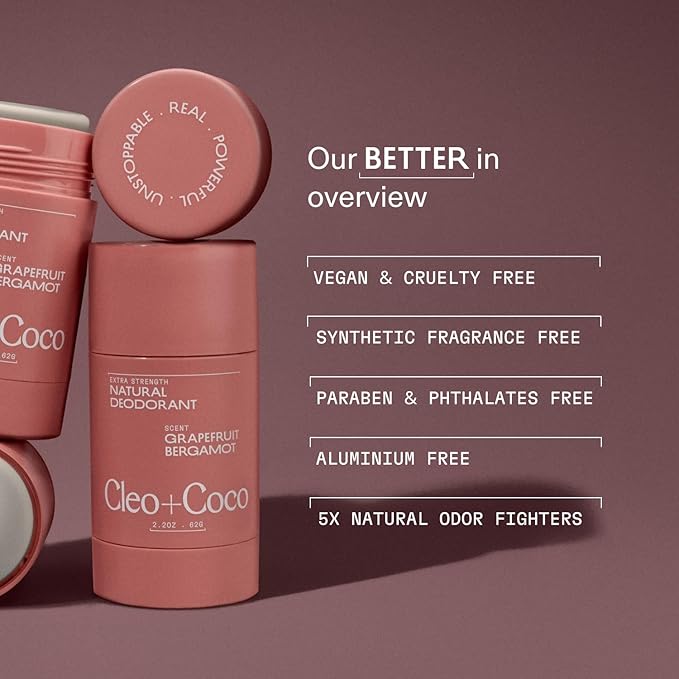 Cleo+Coco Extra Strength Deodorant Balm, Grapefruit Bergamot (2.2 oz), Natural Aluminum Free Deodorant for Women & Men with 5X Odor Fighters, 24+hour Odor Control Free from Synthetic Fragrance, Vegan