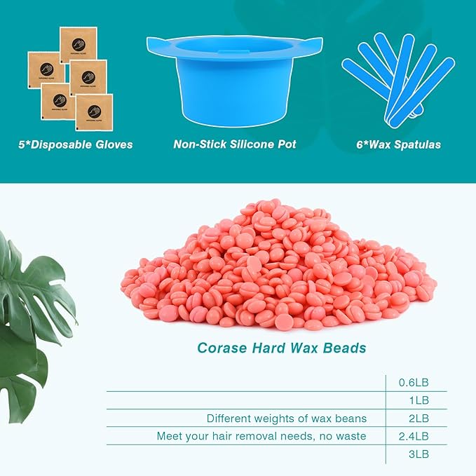 3 lb Hard Wax Beads, All-purpose Wax Beans with Silicone Wax Pot for Sensitive Skin, Brazilian Coarse Waxing for Bikini, Face, Eyebrow, Back, Chest, Legs, Armpit, Women Men, Rose