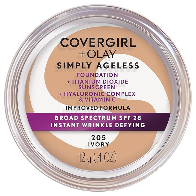 COVERGIRL Simply Ageless Instant Wrinkle Defying Foundation, SPF 28, Hyaluronic Complex & Vitamin C - 205 Ivory, Pack of 1