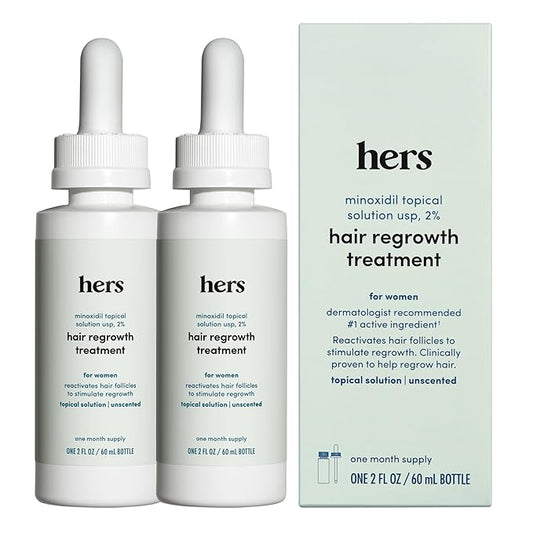 hers Hair Regrowth Treatment - Topical Minoxidil 2% Solution for Women - Supports Thicker, Fuller Hair - Non-Greasy - Unscented, 2 Pack