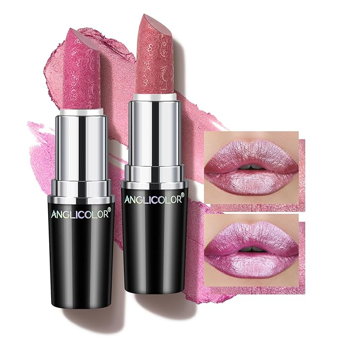 2pcs Pink Glitter Lipstick,High Impact Lipcolor,Lightweight Hydrating Formula Smooth and Non-Sticky,Metallic Lipstick For Women,Full-Coverage Lip Color