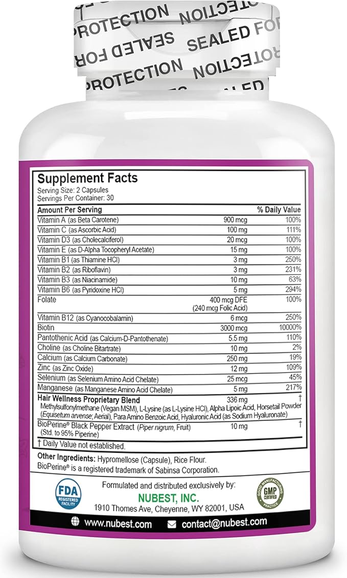 NuBest Hair Xtra - Hair Growth Vitamin for Faster Hair Growth | Natural Hair Thickening with Biotin, Zinc, MSM, B Vitamins, Choline - Hair Supplement, Hair Regrowth | 2 Months Supply