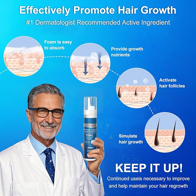 5% Minoxidil Foam, Biotin-Infused, Unisex Adult, Hair Growth Treatment, Unscented, Foam, 14.77 Ounce, 7-8Month Supply, Supports Thicker and Fuller Hair & Beard （Extra Strength）