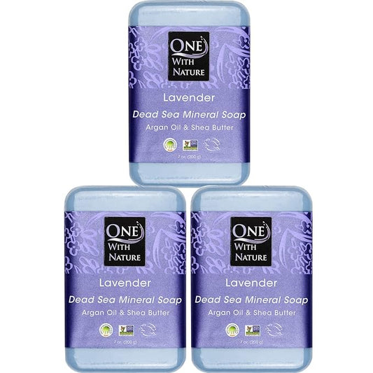 One With Nature Dead Sea Salt Lavender Soap 7oz 3-Pack – Soothing and Exfoliating Soap Bar with Dead Sea Minerals for Face & Body, for Men & Women