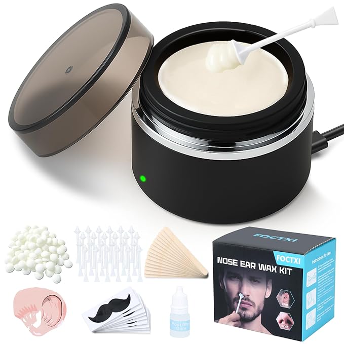 Nose Wax Kit - Portable Ear Nose Hair Waxing Kit for Men and Women with 100g Ｗax, 40 Nose Hair Sticks, 10 Applicators, 10 Mustache & 10 Ear Protectors, Wax Warmer Kit for Hair Removal