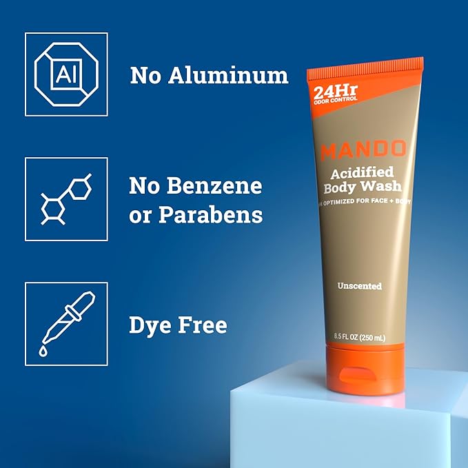 Mando Odor Shield Body Wash - 24 Hour Control - Removes Odor Better than Soap - SLS Free, Paraben Free, Skin Safe - 8.5 Ounce (Pack of 2) (Unscented)