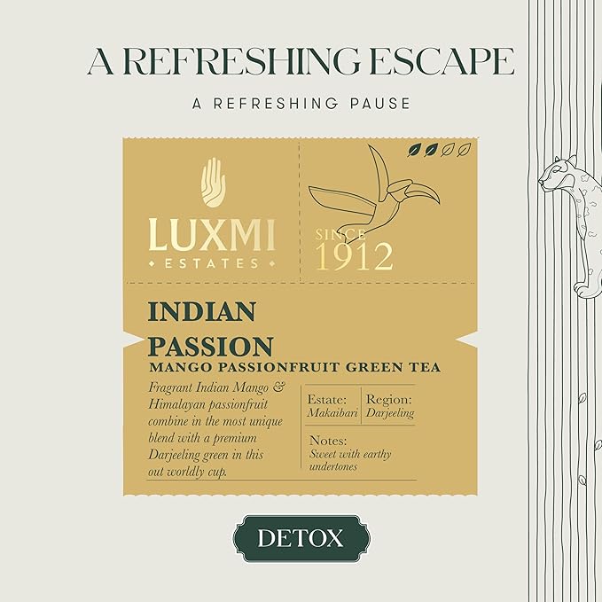 Luxmi Estates Indian Passion Organic Mango Passion Fruit Green Tea (50 Tea Bags) Mildly Caffeinated Tea Bags For Detox, Cleansing, and Digestion, With Certified Organic Darjeeling Makaibari Green Tea
