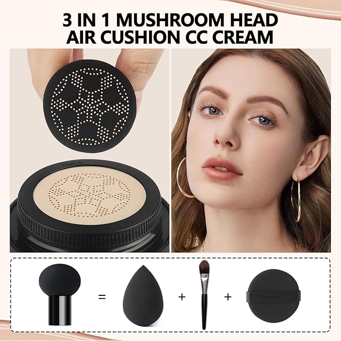 Anglicolor Mushroom Head Air Cushion CC Cream Full Coverage,Face Makeup Cushion Foundation Long Lasting,BB Cream Even Skin Tone for Oily & Combination Types (04)