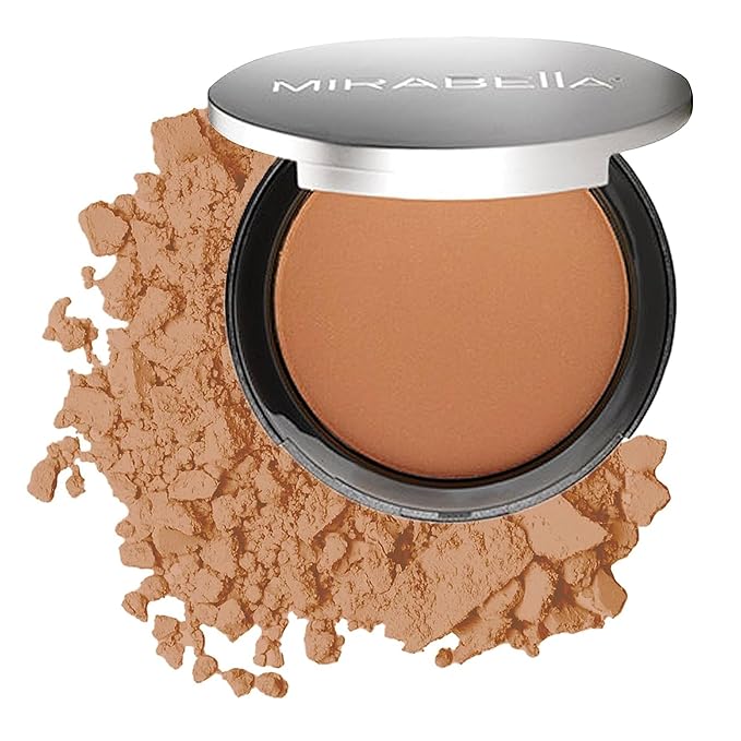 MIRABELLA - Pure Press Foundation, HD-Finish Pressed Powder, Buildable Mineral Pressed Powder Compact with Nourishing Jojoba, Age-Defying Makeup for All Skin Types, Original Medium/Dark IV