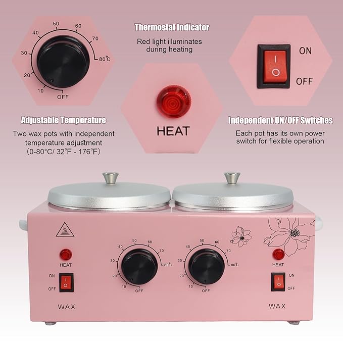 Wax Warmer Double Pot, Professional Electric Heater for Facial, Body, Spa, and Salon, 1.2L Dual Adjustable Temperature with 100 Wooden Craft Sticks, Hair Removal (Pink)