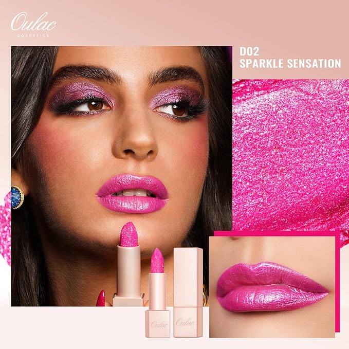 Oulac Hot Pink Lipstick Set 2PCS - Included Metallic Fuchsia Lipstick and Shimmer Pink Liptsick, Vegan Lightweight Hydrating Formula, 15+D02