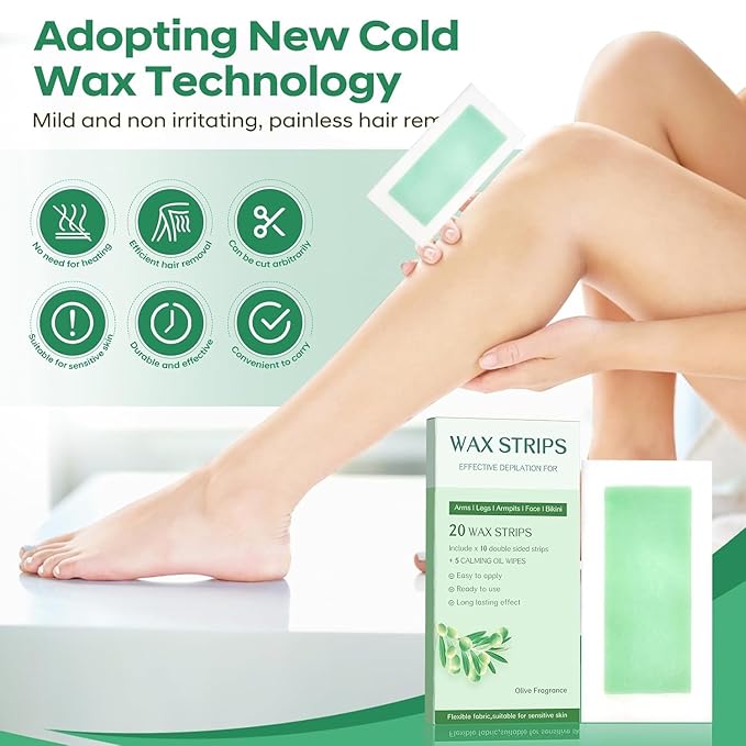 Wax Strips - Body Waxing Strips, Wax Kit for Women & Men - Brazilian Wax Kit, Back Waxing Kit, All Skin Types, Face, Arms, Legs, Armpits, Bikini, 98% Natural, Hypoallergenic Odourless, Green