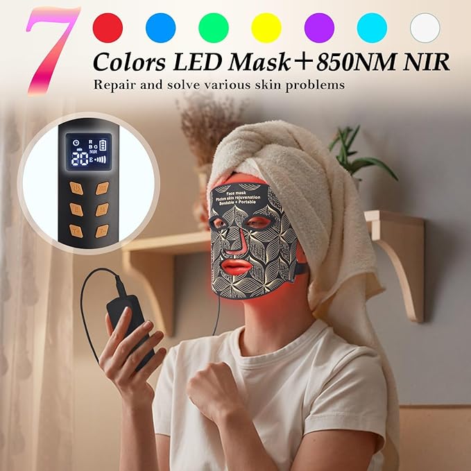 Red Light Therapy for Face, 7＋1 Colors LED Face Mask Light Therapy with 850NM Near-infrared, Portable Rechargeable Red Light Therapy Mask Skin Care Device at Home and Travel for Anti-Aging, Black