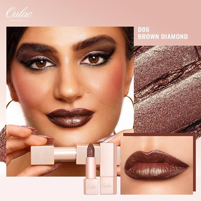 Oulac Moisture Nude Brown Lipstick Set 3PCS - Infinity High Shine Finish, Hydrating Vegan Lipstick Infused with Damask Rose Oil for All-Day Comfort, Gluten-Free, PG13+PG06+D06
