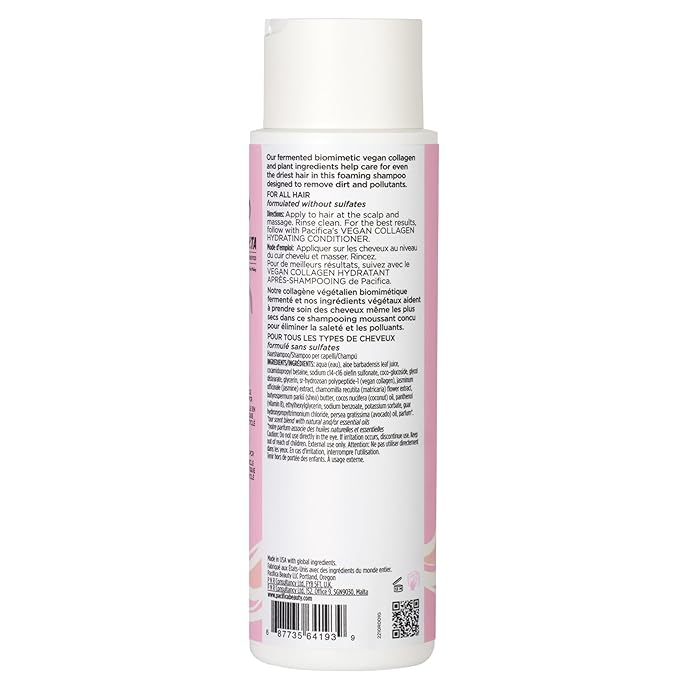 Pacifica Vegan Collagen Hydrating Hair Shampoo -w/Avocado Oil, Vitamin B5 - Adds Shine & Restores -for Dry & Damaged Hair - Sulfate Free Natural Clean Beauty Vegan & Cruelty-Free Dermatologist Tested