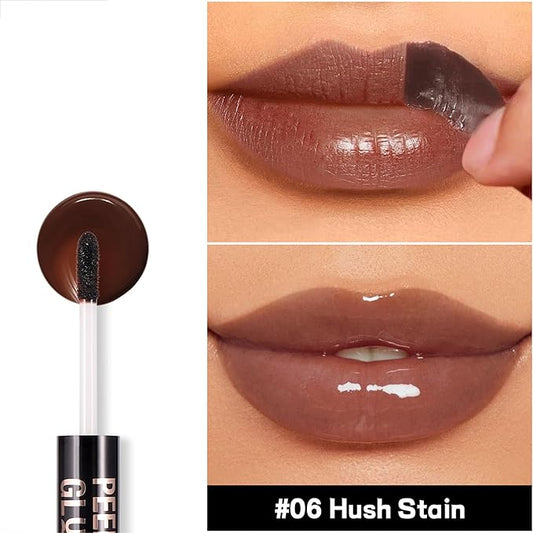 Liquid Lipstick with Clear Lip oil, Dual-Ended Peel-Off Lip Gloss, Long-Lasting Water-proof Lip Gloss (Brown)