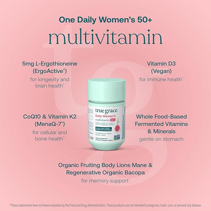 True Grace Daily Women’s Multivitamin 50+ - 60 Easy-to-Swallow Tablets - Immune, Energy, Longevity & Memory Support - Vegan - Gluten, Soy & Iron Free - 30 Servings