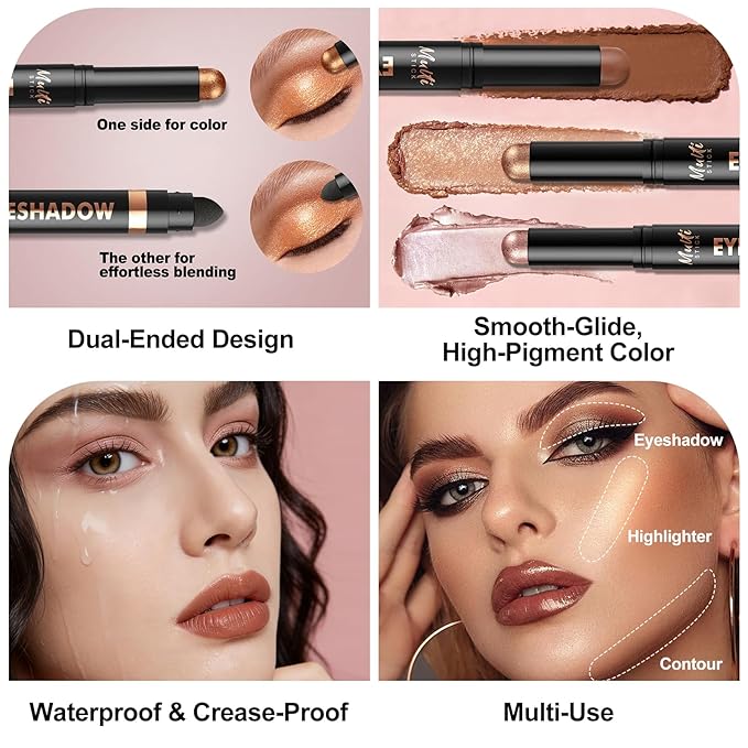 Dual-Ended Cream Eyeshadow Stick, Matte Nude Waterproof Long-Lasting Crease-Proof Neutral Eye shadow Pencil for Women, Smooth Blendable Eye Shadow Crayon with Built-in Smudger, 01 Nude Whisper
