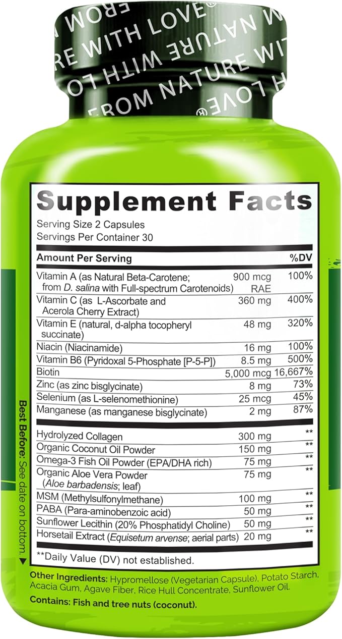 NATURELO Hair, Skin and Nails Multivitamin - 5000 mcg Biotin, Collagen, Natural Vitamin E - Supplement for Healthy Skin, Hair Growth for Women and Men – 60 Capsules