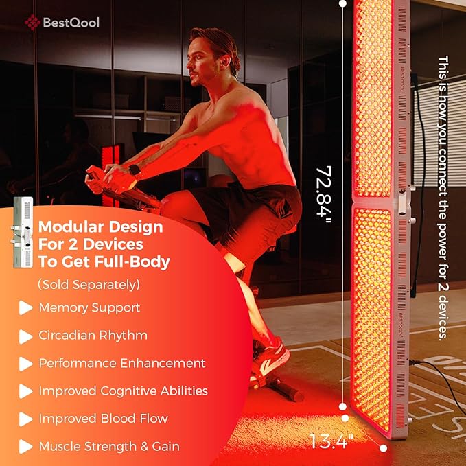 BestQool Red Light Therapy Device, 4 Wavelengths Full Body Infrared Red Light Therapy, Elite Grade Dual Chip 300 LEDs, High Power Panel for Pain Relief, Muscle, Skin, Energy. 500W. Modular Design.