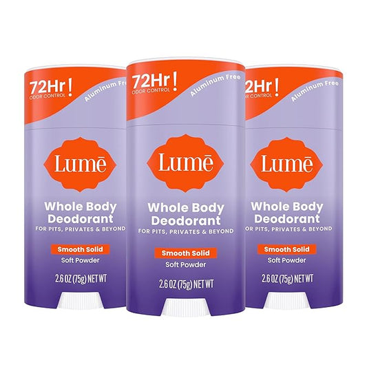 Lume Whole Body Deodorant - Smooth Solid Stick - 72 Hour Odor Control - Aluminum Free, Baking Soda Free and Skin Loving - 2.6 Ounce (Pack of 3) (Soft Powder)