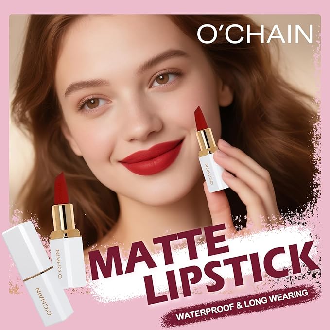 O'CHAIN Dark Red Matte Lipstick, Long Lasting Full Coverage Non-Transfer Lipstick for Women Infused with Jojoba Oil and Vitamin E, Cruelty-Free & Vegan (12 REY) 0.12 Oz